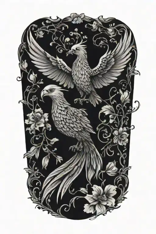 Black And White Phoenix With Wings Above Head Emerging From Flowers