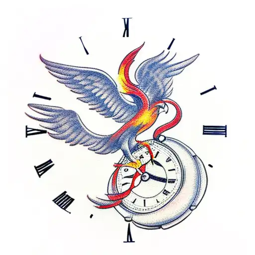 A Traditional Tattoo Of A Phoenix Perched On Top Of A Clock Tower