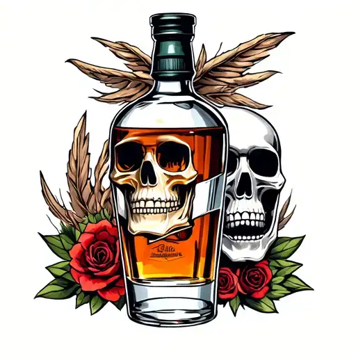 Bottle Of Whisky Skull And Revolwers
