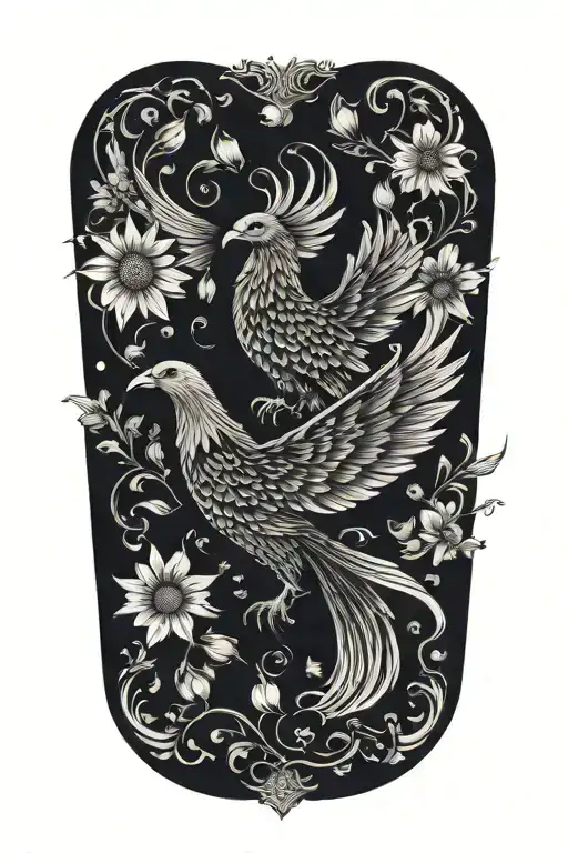 Black And White Phoenix With Wings Above Head Emerging From Flowers