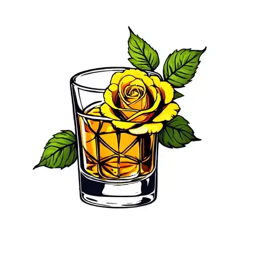 Whiskey Glass And Yellow Rose Tattoo In Frame