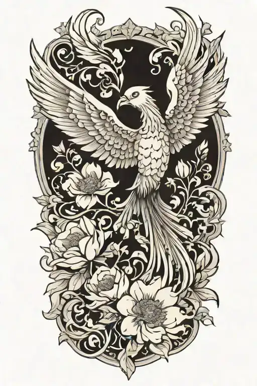 Black And White Phoenix With Wings Above Head Emerging From Flowers