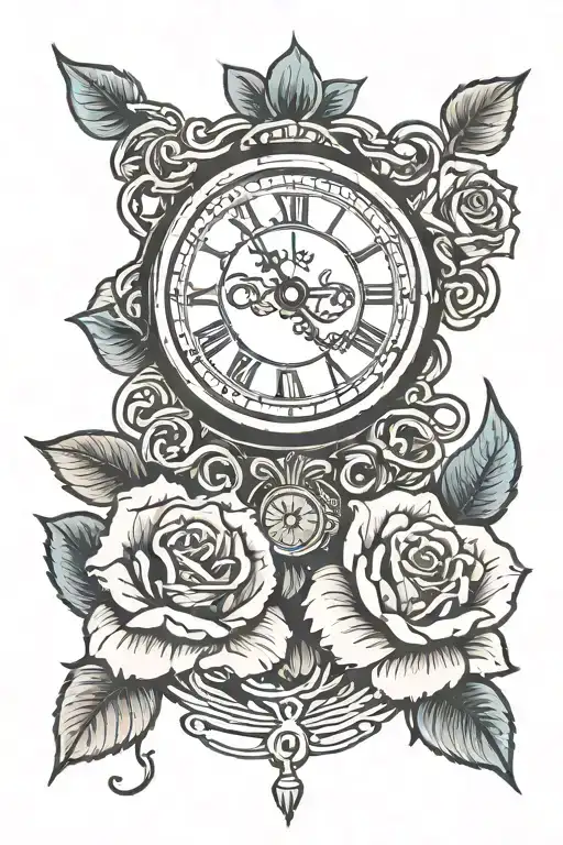 Roses And A Clock With Ribbon Intertwined