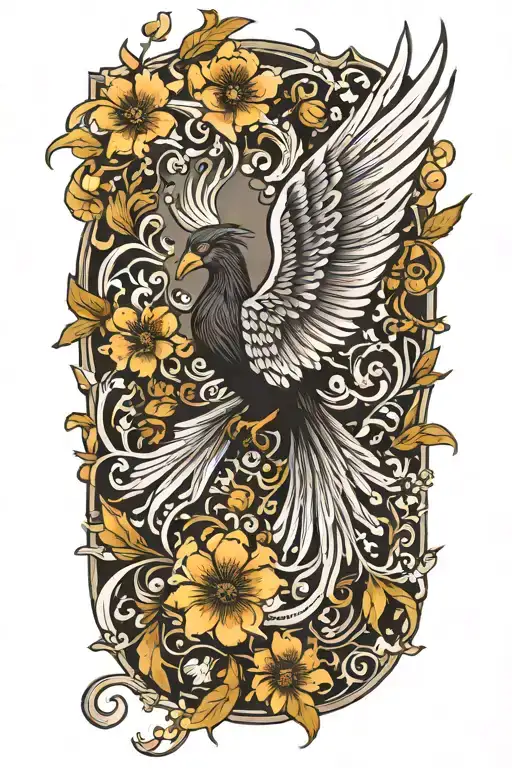 Black And White Phoenix With Wings Above Head Emerging From Flowers