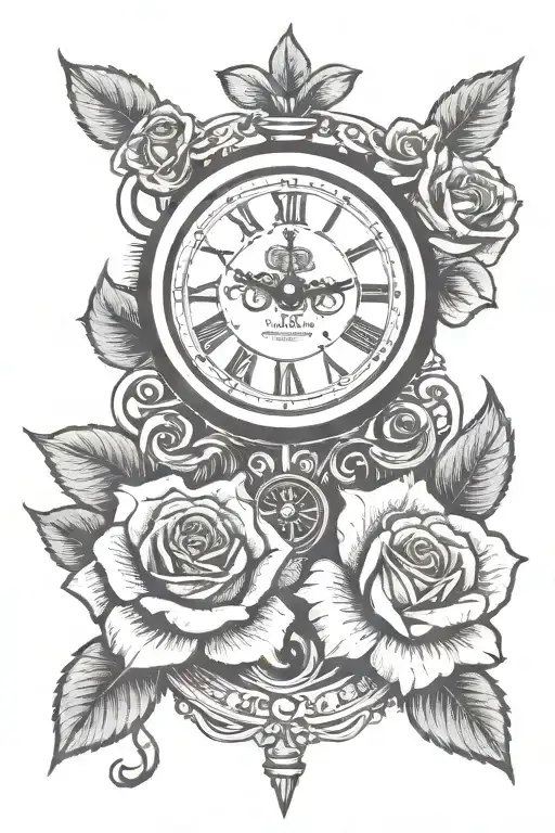 Roses And A Clock With Ribbon Wrapped