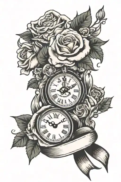 Roses And A Clock With Ribbon