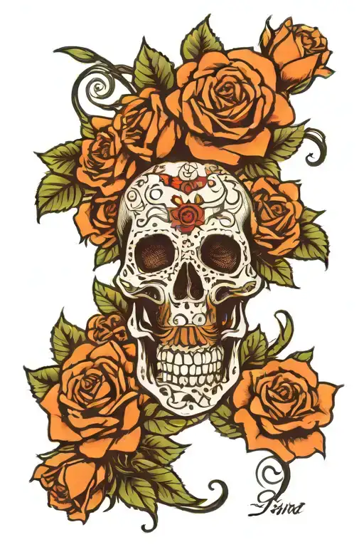 Tattoo Named With 'Ishu' And Coverd With Roses And Skull