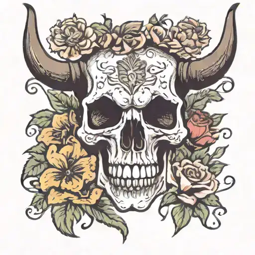 Long Horn Skull With Flowers