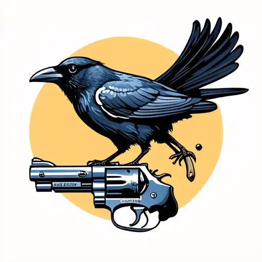 Boack Crow With A Bullet Hole Perched On An Old Revolver