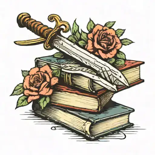 A Minimalist Tattoo Of A Sword And Flowers On Top Of A Stack Of Books