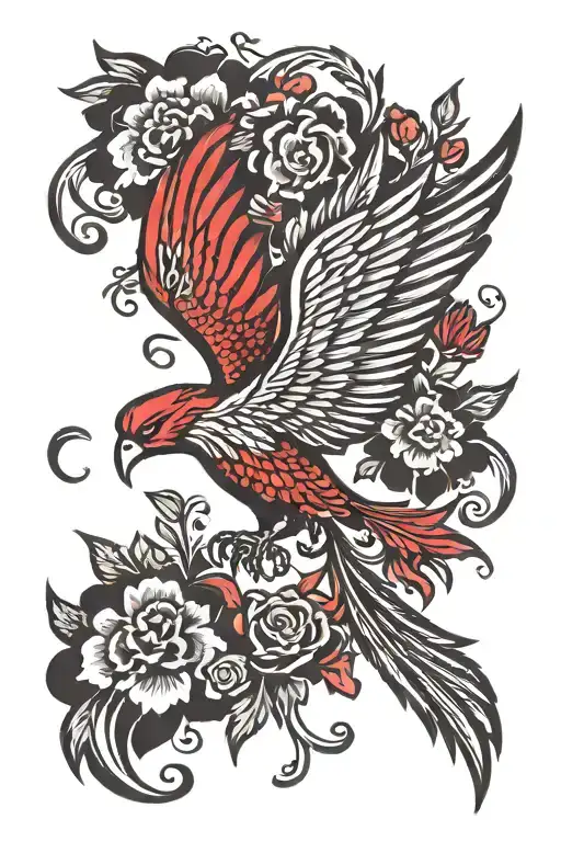 Red And Black Peaceful Flying Phoenix With Spread Wings And Flowers