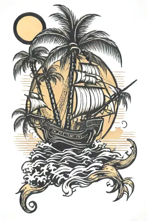Palmtree Corn And Rising Sun Ship Sailing