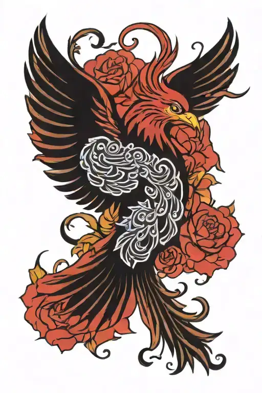 Red And Black Peaceful Flying Phoenix With Spread Wings And Flowers