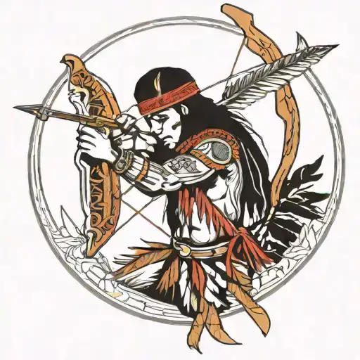 Native American Shooting A Bow And Arrow With Art Deco Outline