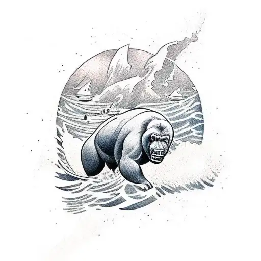 Traditional-style Tattoo Of A Silverback Gorilla Surfing In The Caribbean Waves