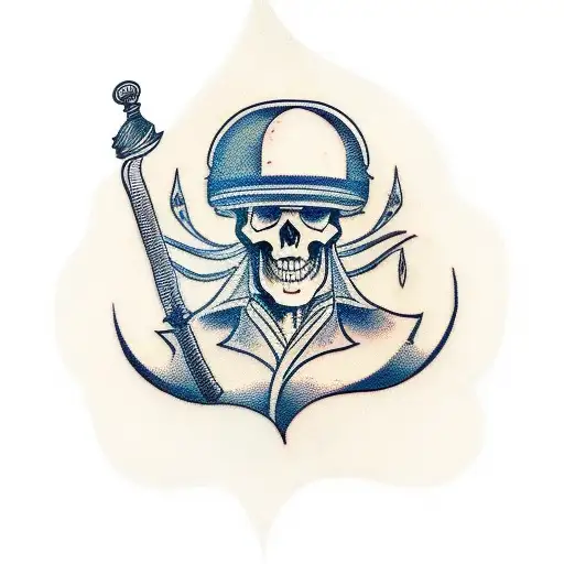 A Traditional-style Tattoo Depicting A Skull Wearing A Motorcycle Helmet And Holding A Beer Mug