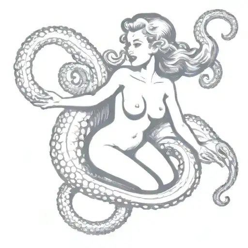 Octopus Attacking Pin-up Girl Sitting In Tentacles