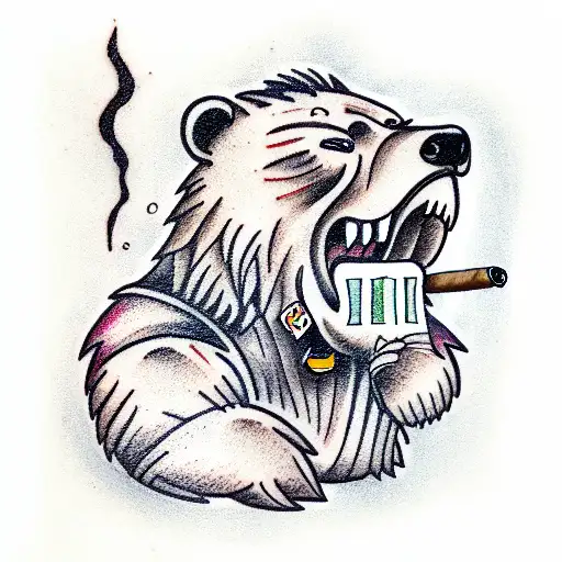 A Scarred Grizzly Bear Standing A With A Cigar In His Mouth And Cards In Hand