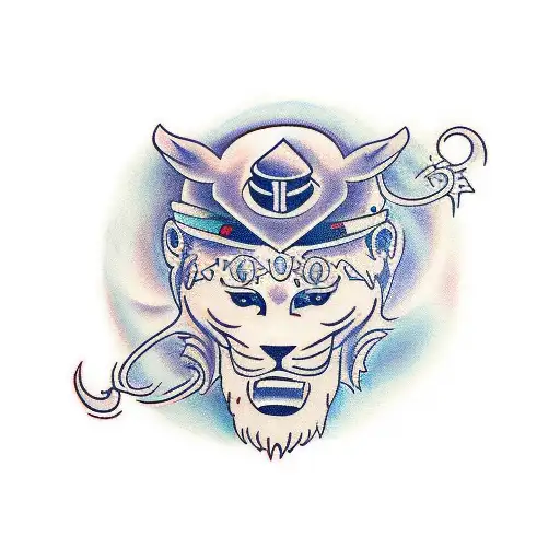 Traditional Tattoo Of A Guitar Merged With Leo And Aquarius Symbols