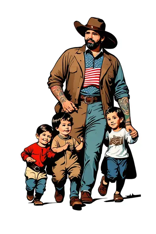 Father With 3 Kids And 1 Baby Boy Walking