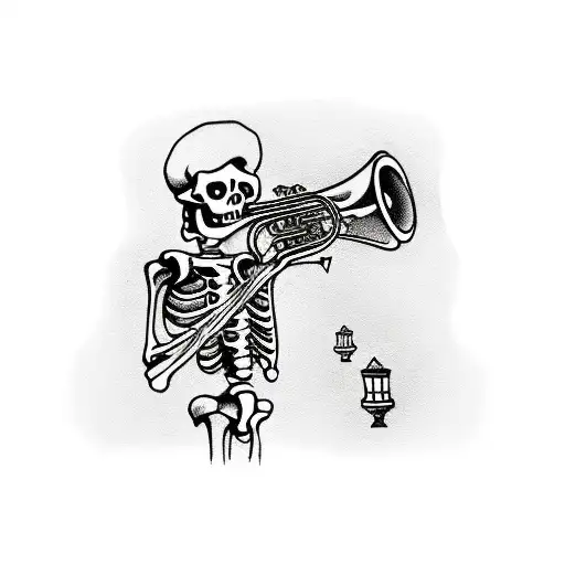 Skeleton Playing A Trumpet On A Street Corner In New Orleans With A Mardi Gras Bead On