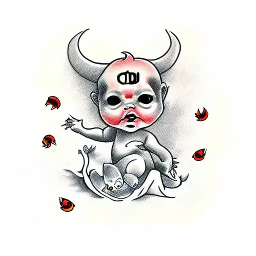 Sad Devil Baby In A Chariton Getting Pulled By Goldfish