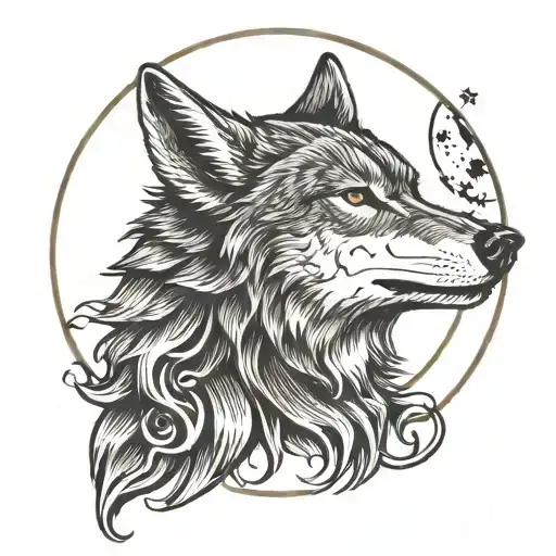 Wolf Head Against The Background Of The Moon