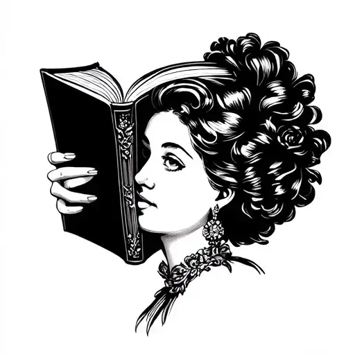 Black And White Lady Head Profile Holding A Book