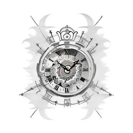 Roman Numeral Clock Fades Into A Staircase Surrounded By Filigree