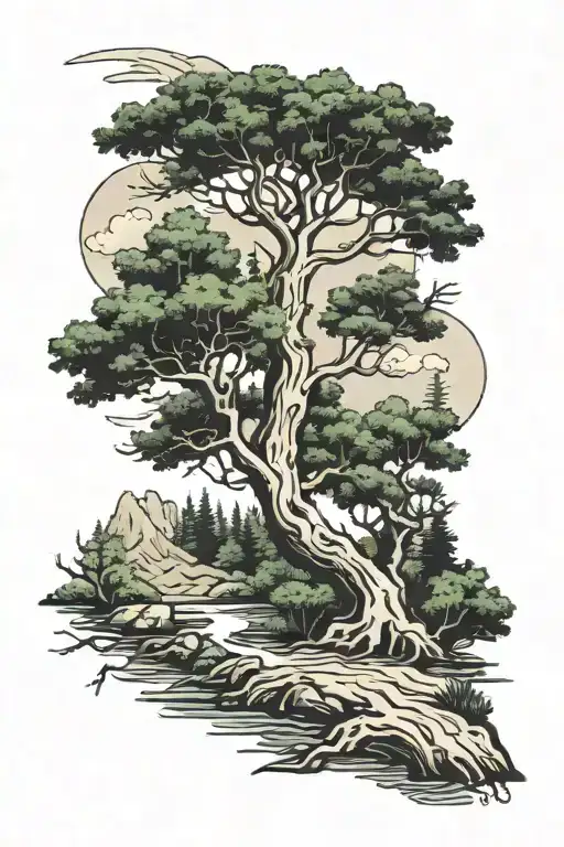 River Through An Oak And Pine Tree Forest