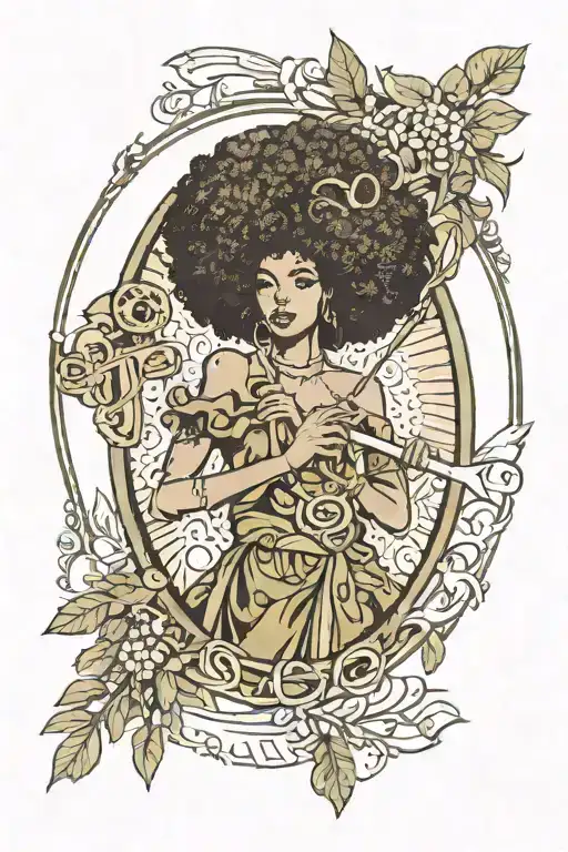 An Olive Skinned Woman With An Afro And Hair Tools Sticking Out Of It Tarot Card 7 Of Wands
