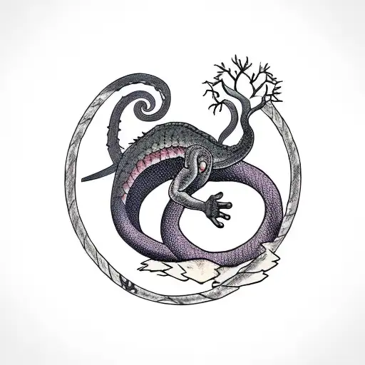Ouroborus With Tree In Center Tattoo