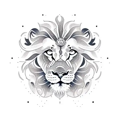 An Intricate Dotwork Design Featuring A Lion's Face Blended With A Mountain Landscape
