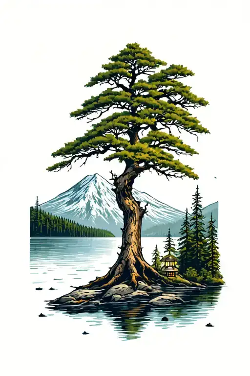 Madrone Tree Over A Lake Surrounded By Mount Rainer Inside A Lantern Tattoo