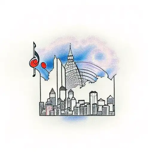 A Traditional Tattoo Of A Cincinnati Skyline With Music Notes Intertwined