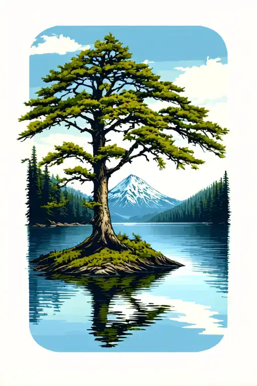 Madrone Tree Over A Lake Surrounded By Mount Rainer