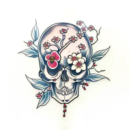 Bird Skull With Mushrooms And Cherry Blossom Vines