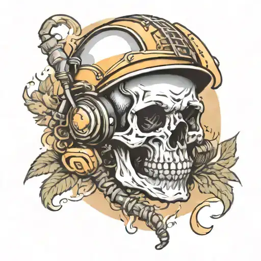 A Skull In A Work Helmet With Headphones And Smokes