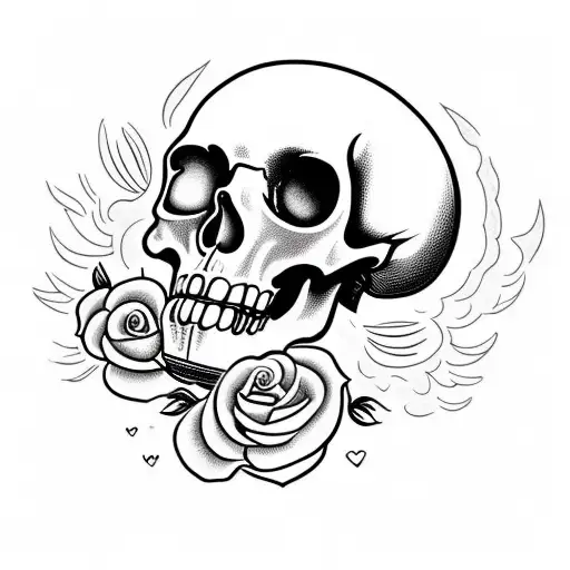 Heart With Red Flowers Under And A Big Skull