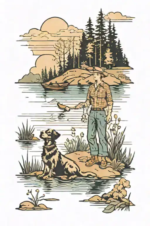 Someone With A Dog At A Lake Scene