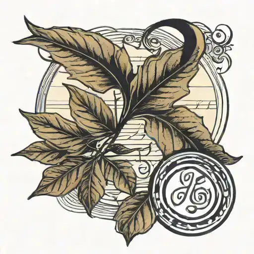 Two Autumn Leaves With A Ring Of Sheet Music Around It Like A Ribbon