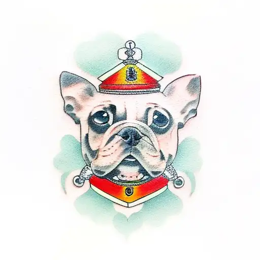 A Traditional Tattoo Of A Dog Wearing A Wooden Artist's Palette As A Collar