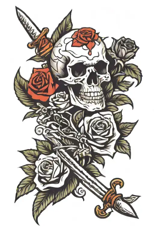 Skull And Roses With Dagger