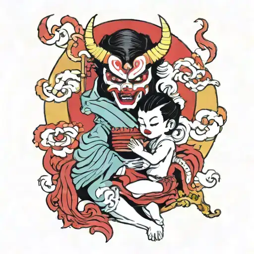 Woman In A Mask Of A Japanese Demon With A Child In Her Arms