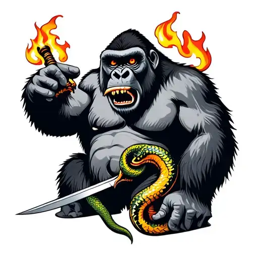 Gorilla With Flame Eyes And A Snake In Mouth With A Dagger Piercing