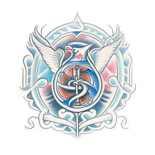 A Traditional Tattoo Of A Family Crest With Musical Notes And Gaming Symbols Incorporated