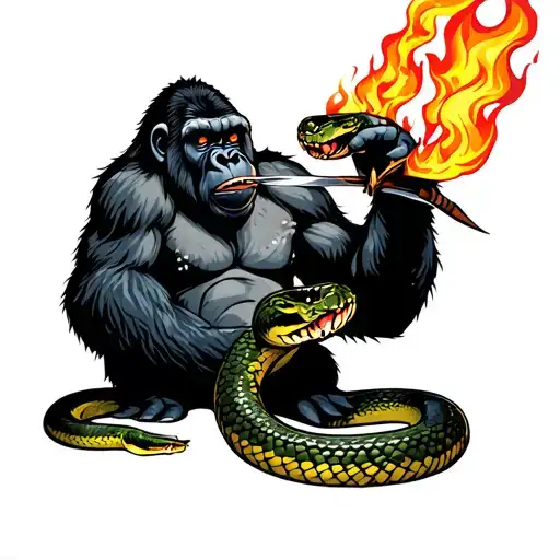 Gorilla With Flame Eyes Eating A Snake With A Dagger Piercing