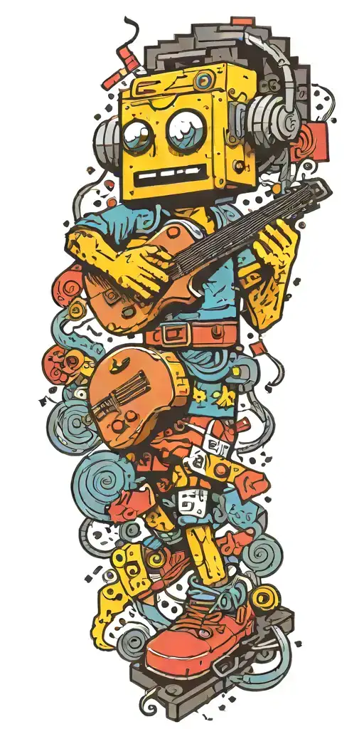 A Pixelated Video Game Character Surrounded By Music Notes