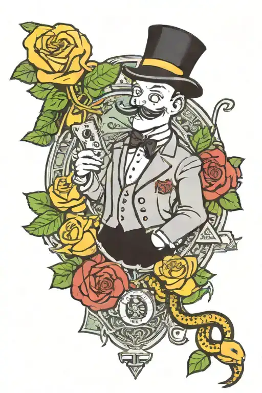 Monopoly Man And United States Dollars And Bitcoin And A Snake And Roses And Love