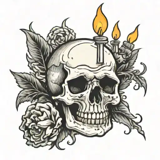 Candle Burning On Top Of A Skull In Color